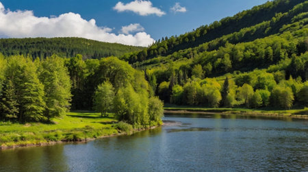 A peaceful countryside village surrounded by green hills.