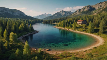 A serene mountain lake with clear blue water, surrounded by dense forests and rocky hills under a...
