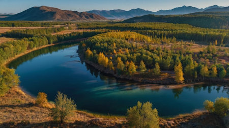 A quiet river winding through a lush, green landscape with trees and hills in the background.