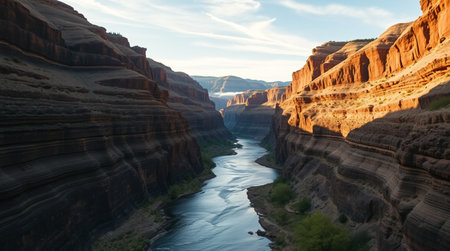 A dramatic canyon landscape under warm sunlight.の写真素材