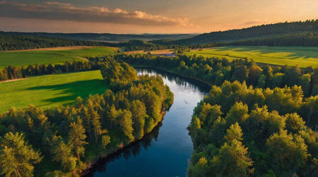 A peaceful river flowing through a colorful autumn valley.