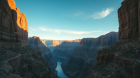 A wide canyon landscape glowing during sunset.