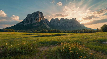 A scenic mountain forest with tall green trees.