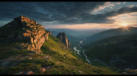 A misty mountain range at dawn with soft pastel colors.の写真素材