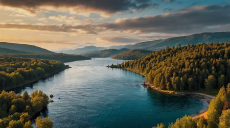 A serene river landscape during a warm summer evening.
