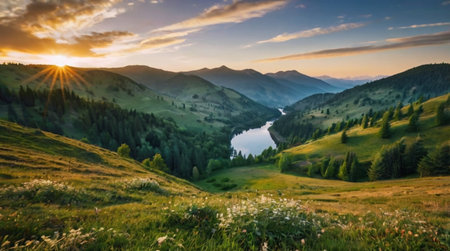 A sunrise over a calm lake covered with morning mist.