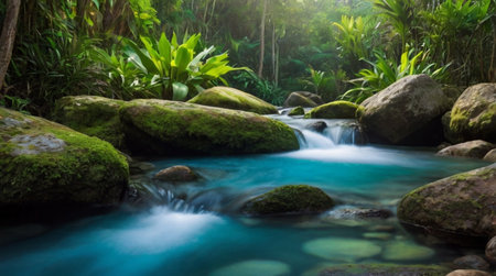 A tranquil forest river reflecting tall trees.