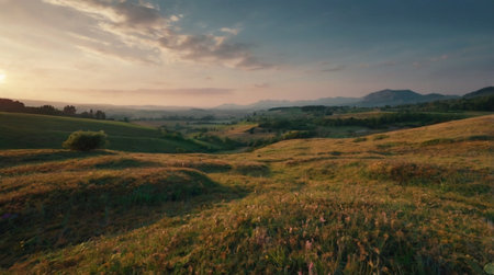 A calm river flowing through a quiet countryside valley.