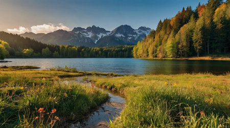 A bright alpine meadow surrounded by tall mountains.