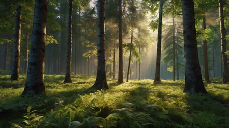 A serene forest with sunlight filtering through the trees.