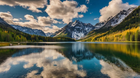 A serene mountain lake with reflections of the surrounding landscape.