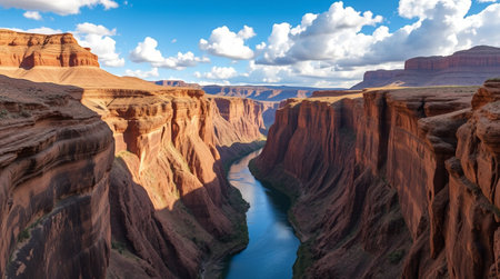 A scenic rocky canyon landscape under a blue sky with white clouds.