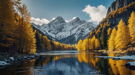 A colorful autumn forest beside a flowing stream.