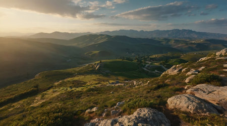 A scenic valley filled with morning fog and soft sunlight.