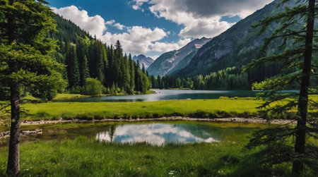 A calm mountain lake reflecting snowy peaks and blue sky.