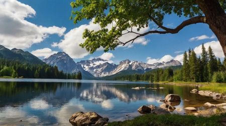 A serene mountain lake surrounded by lush greenery and snow-capped peaks.