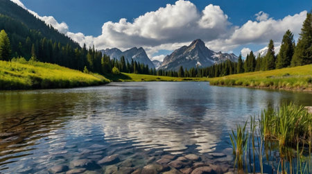 A serene river flowing through a lush green landscape.
