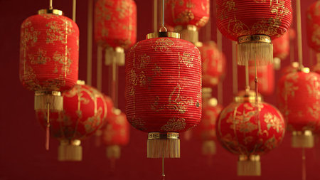 Traditional red and gold Chinese New Year decoration scene in 3D illustration style.