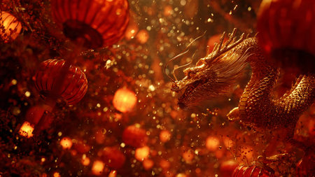 3D Chinese New Year greeting background with lantern lights and festive ornaments.の写真素材