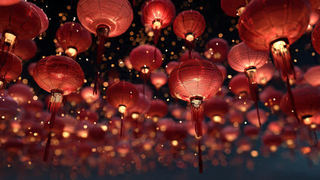Chinese New Year decoration concept with lanterns and coins in a detailed 3D illustration.