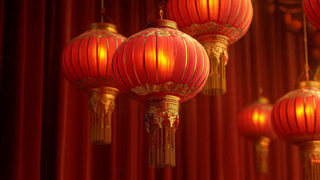 Chinese lantern decorations glowing brightly in a festive celebration scene.
