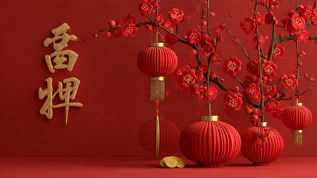 Chinese New Year celebration concept with lantern lights and gold ornaments.の写真素材
