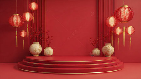 3D Chinese New Year composition with gold coins and decorative lantern lights.