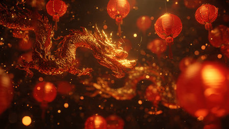 Chinese New Year celebration concept with red lantern lights and golden ornaments.