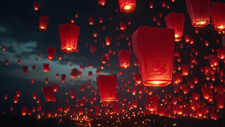 Chinese New Year celebration background with gold coins and lanterns.