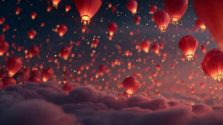 Elegant lantern festival background with golden sparkles in 3D.
