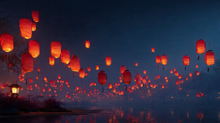 Chinese lantern decorations glowing in a luxury red background in 3D style.