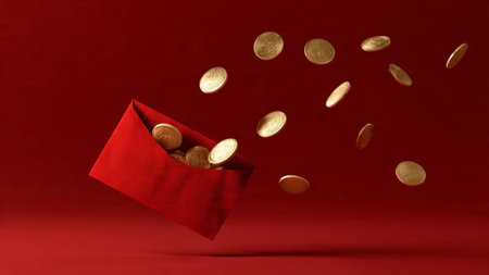 Elegant red envelope with gold coins flying out, symbolizing prosperity and good fortune.