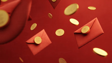 3D Chinese New Year stage decorated with gold ornaments.