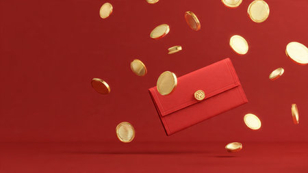 Chinese New Year prosperity concept with gold coins and lantern lights in a detailed 3D render.