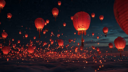 Festive Chinese dragon ornament surrounded by lantern lights.