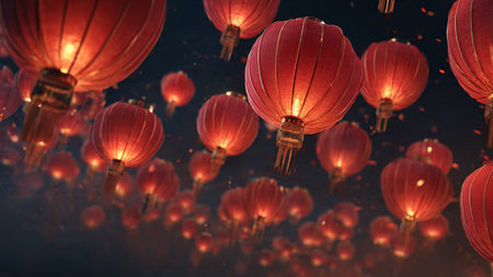 3D Chinese New Year prosperity decorations with lantern lights.