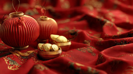 Chinese New Year celebration background with lantern lights and fireworks.の写真素材