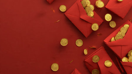 Luxury Chinese New Year background with red envelopes and gold coins.