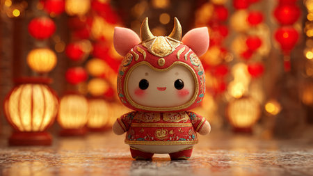Chinese New Year prosperity concept with gold ingots and lantern lights in 3D render.