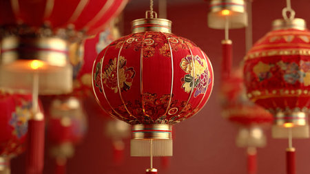 Luxury red Chinese New Year background with gold ornaments in 3D style.