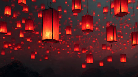 Chinese New Year dragon ornament surrounded by glowing lanterns in 3D.