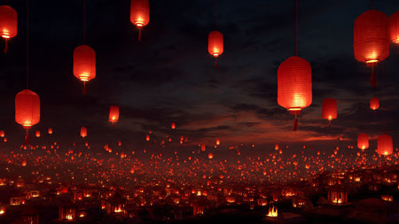 Luxury festive background with gold coins and lanterns in 3D illustration.