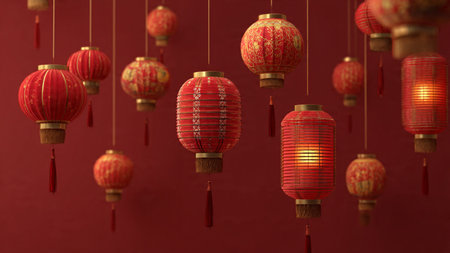 Chinese New Year festive composition with gold coins and lanterns in 3D.
