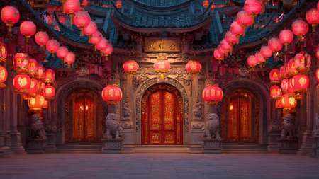 3D Chinese New Year stage decorated with lanterns and gold ornaments.