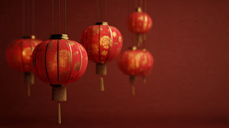 3D Chinese New Year composition with lantern lights and gold ornaments.