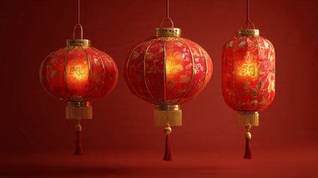 Chinese New Year celebration concept with lanterns, gold coins, and festive lighting in 3D.