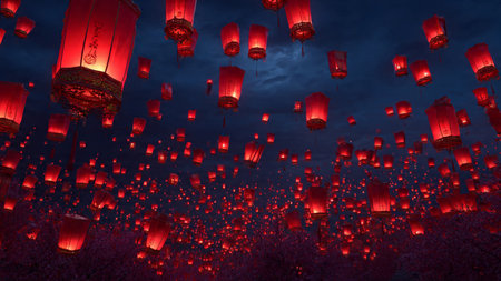 Festive 3D background with red lanterns and glowing golden lights for Chinese New Year greeting.の写真素材