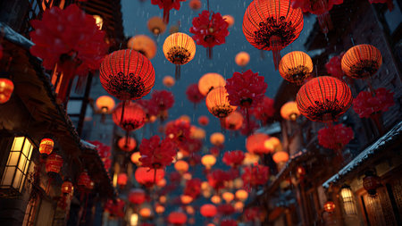 Elegant Chinese lantern decoration background with glowing golden sparkles.