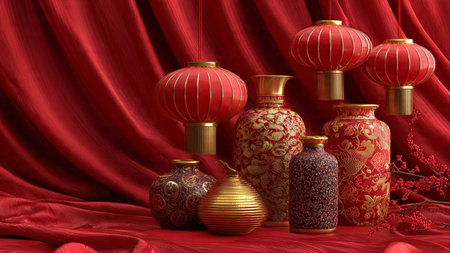 Luxury Chinese New Year background with golden ornaments and lanterns in 3D.の写真素材
