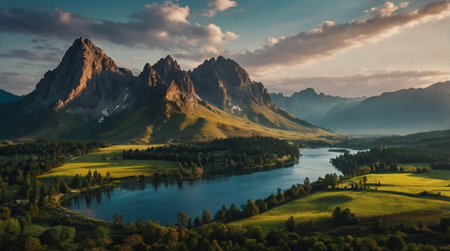 A scenic valley with a winding river flowing through it.